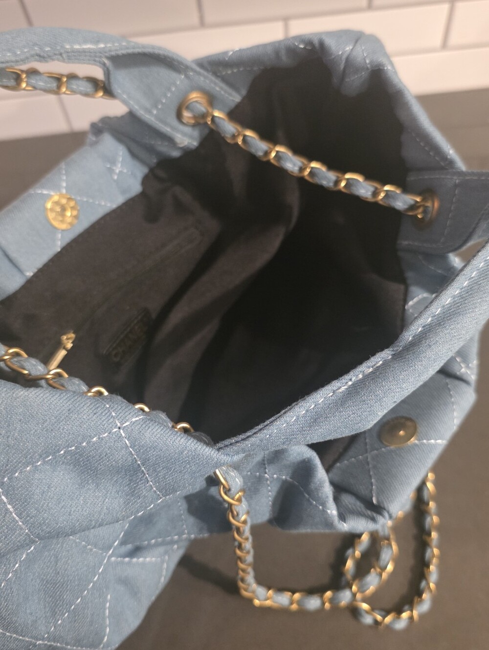 Light Blue Denim Quilted Shoulder Bag with Gold-Tone Chain - Picture 7 of 9